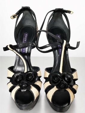 Ralph Lauren Collection Jecelyn II Floral Straw Leather Platform Sandals
